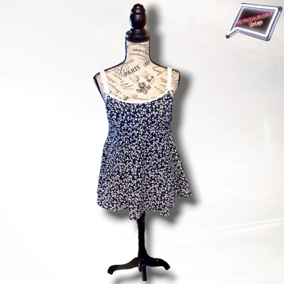 Vintage 90s Pinup Calico Floral Skirted Swim Dress, 14 - Picture 6 of 11